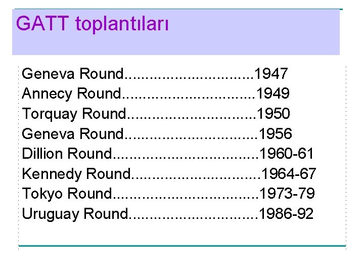 GATT toplantıları Geneva Round. . . . 1947 Annecy Round. . . . 1949