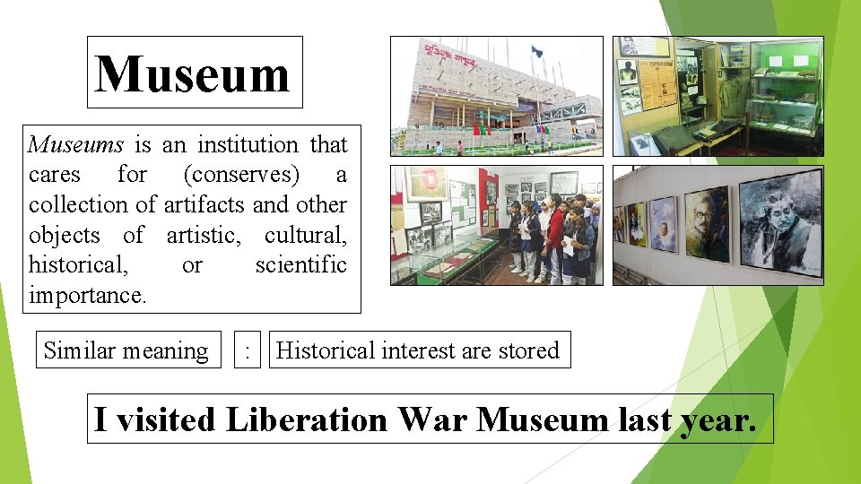 Museums is an institution that cares for (conserves) a collection of artifacts and other