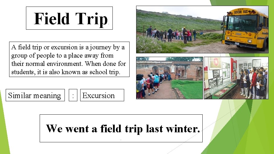 Field Trip . A field trip or excursion is a journey by a group