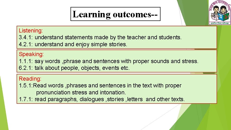 Learning outcomes-Listening: 3. 4. 1: understand statements made by the teacher and students. 4.