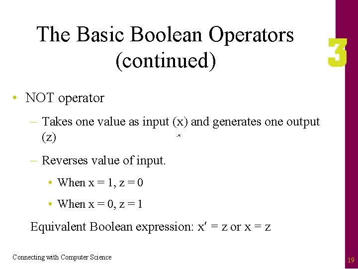 The Basic Boolean Operators (continued) • NOT operator – Takes one value as input