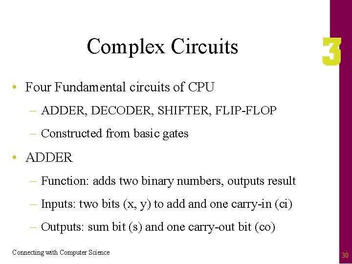 Complex Circuits • Four Fundamental circuits of CPU – ADDER, DECODER, SHIFTER, FLIP-FLOP –