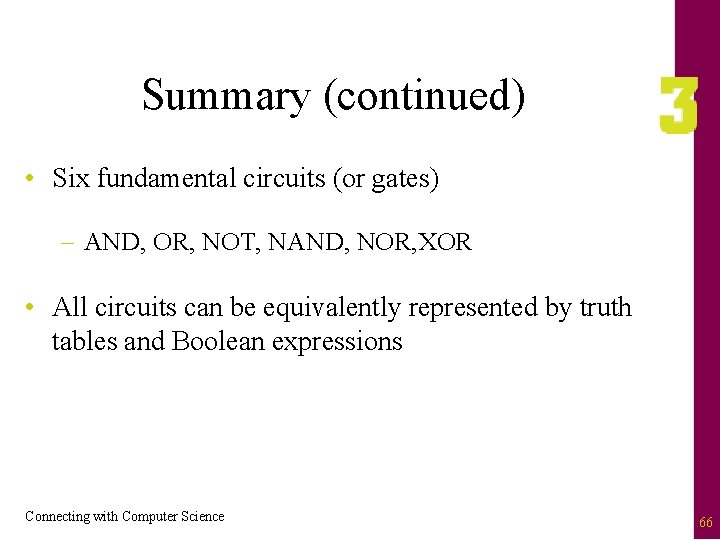 Summary (continued) • Six fundamental circuits (or gates) – AND, OR, NOT, NAND, NOR,