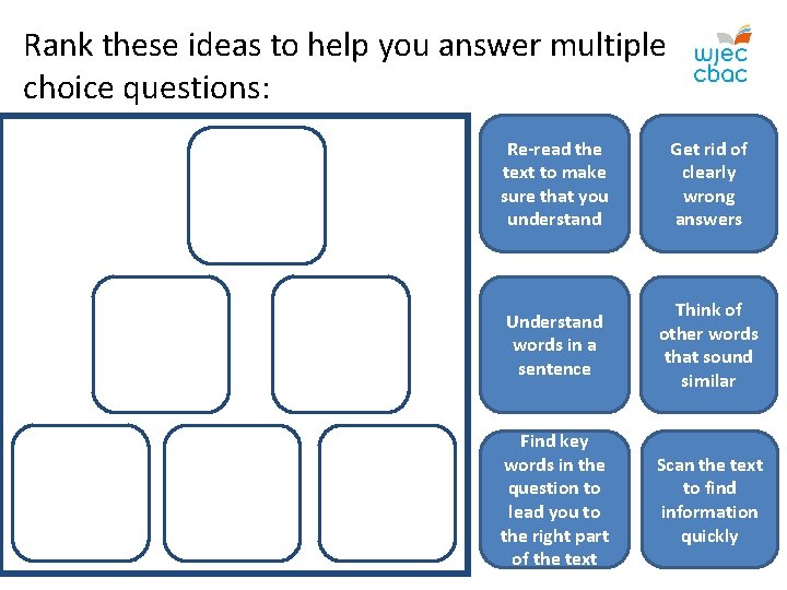 Rank these ideas to help you answer multiple choice questions: Re-read the text to