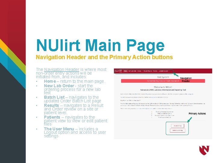 NUlirt Main Page Navigation Header and the Primary Action buttons The Navigation Header is