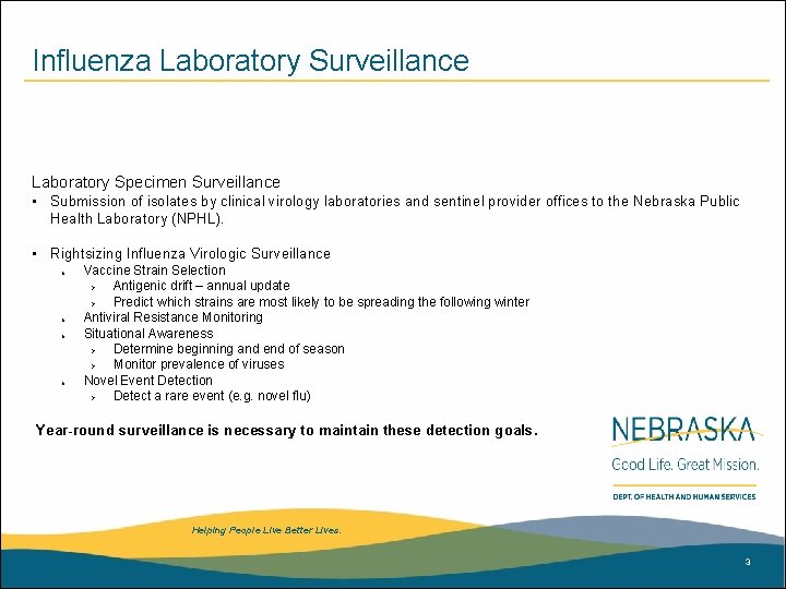 Influenza Laboratory Surveillance Laboratory Specimen Surveillance • Submission of isolates by clinical virology laboratories