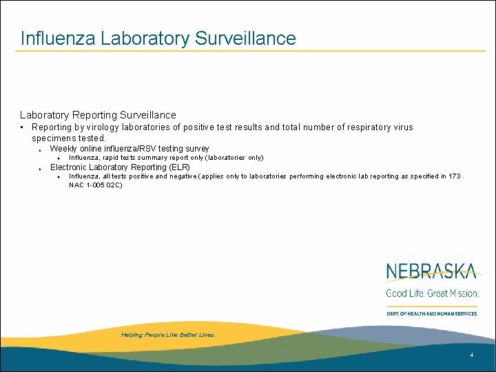 Influenza Laboratory Surveillance Laboratory Reporting Surveillance • Reporting by virology laboratories of positive test