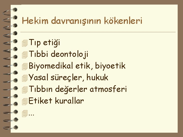 Hekim davranışının kökenleri 4 Tıp etiği 4 Tıbbi deontoloji 4 Biyomedikal etik, biyoetik 4