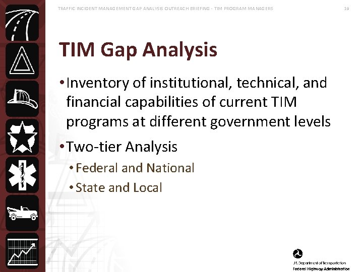 TRAFFIC INCIDENT MANAGEMENT GAP ANALYSIS OUTREACH BRIEFING - TIM PROGRAM MANAGERS TIM Gap Analysis