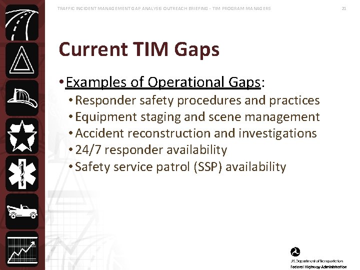 TRAFFIC INCIDENT MANAGEMENT GAP ANALYSIS OUTREACH BRIEFING - TIM PROGRAM MANAGERS Current TIM Gaps