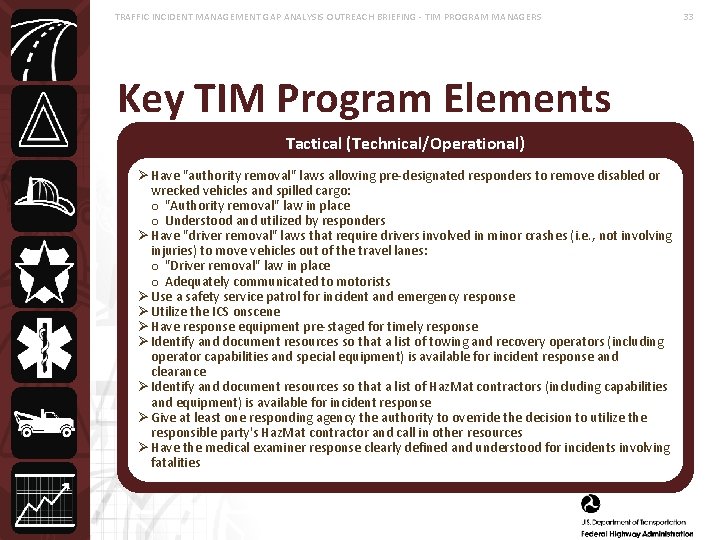 TRAFFIC INCIDENT MANAGEMENT GAP ANALYSIS OUTREACH BRIEFING - TIM PROGRAM MANAGERS Key TIM Program