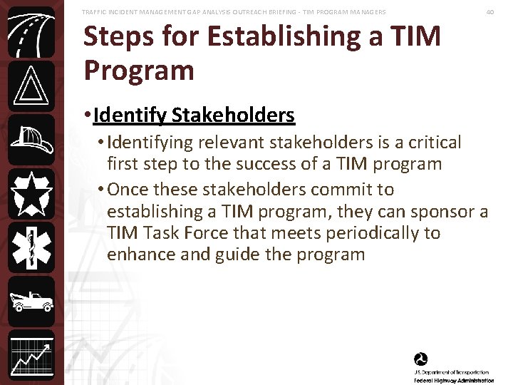 TRAFFIC INCIDENT MANAGEMENT GAP ANALYSIS OUTREACH BRIEFING - TIM PROGRAM MANAGERS 40 Steps for