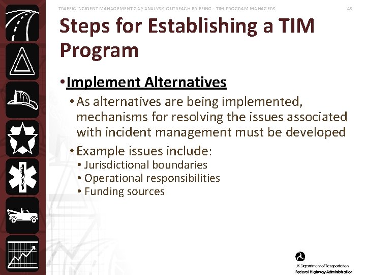 TRAFFIC INCIDENT MANAGEMENT GAP ANALYSIS OUTREACH BRIEFING - TIM PROGRAM MANAGERS 45 Steps for