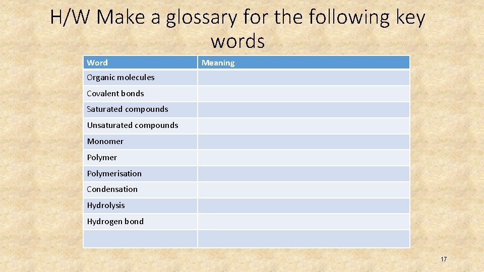 H/W Make a glossary for the following key words Word Meaning Organic molecules Covalent