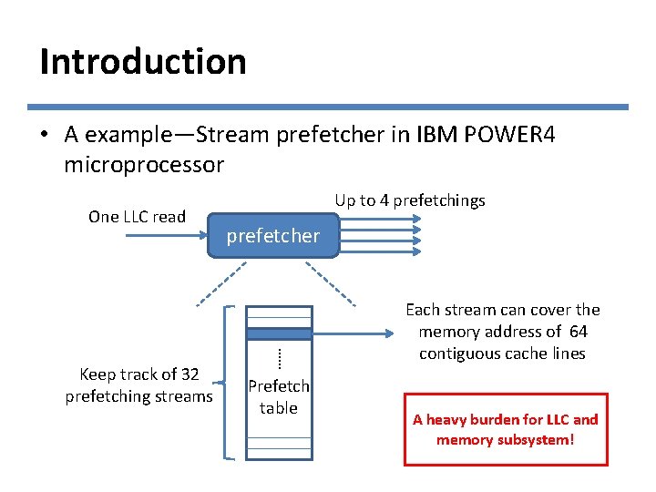 Introduction • A example—Stream prefetcher in IBM POWER 4 microprocessor One LLC read prefetcher