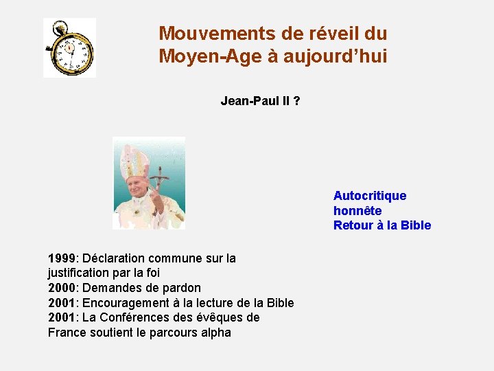 Mouvements de réveil du Moyen-Age à aujourd’hui Jean-Paul II ? Autocritique honnête Retour à