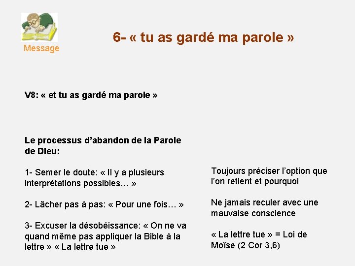 Message 6 - « tu as gardé ma parole » V 8: « et