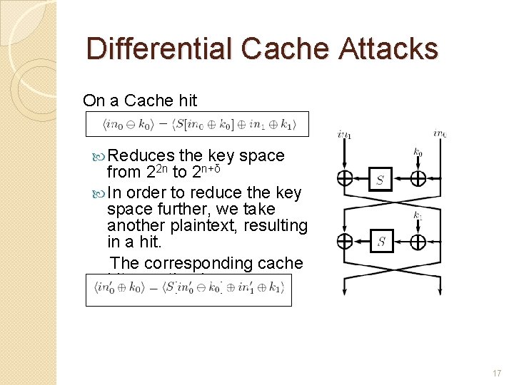 Differential Cache Attacks On a Cache hit Reduces the key space from 22 n
