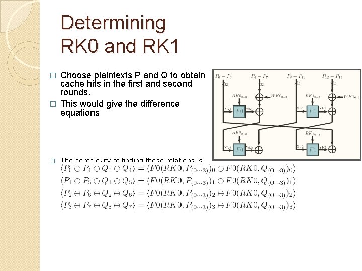 Determining RK 0 and RK 1 Choose plaintexts P and Q to obtain cache