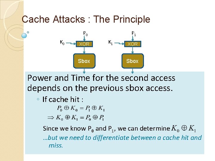 Cache Attacks : The Principle P 0 K 0 XOR Sbox P 1 K