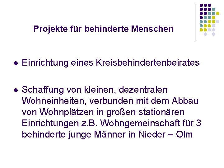 Projekte für behinderte Menschen l Einrichtung eines Kreisbehindertenbeirates l Schaffung von kleinen, dezentralen Wohneinheiten,