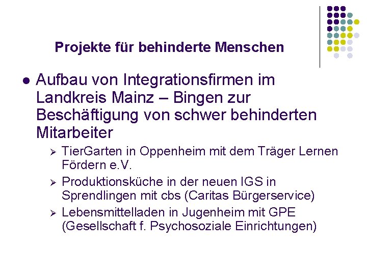 Projekte für behinderte Menschen l Aufbau von Integrationsfirmen im Landkreis Mainz – Bingen zur