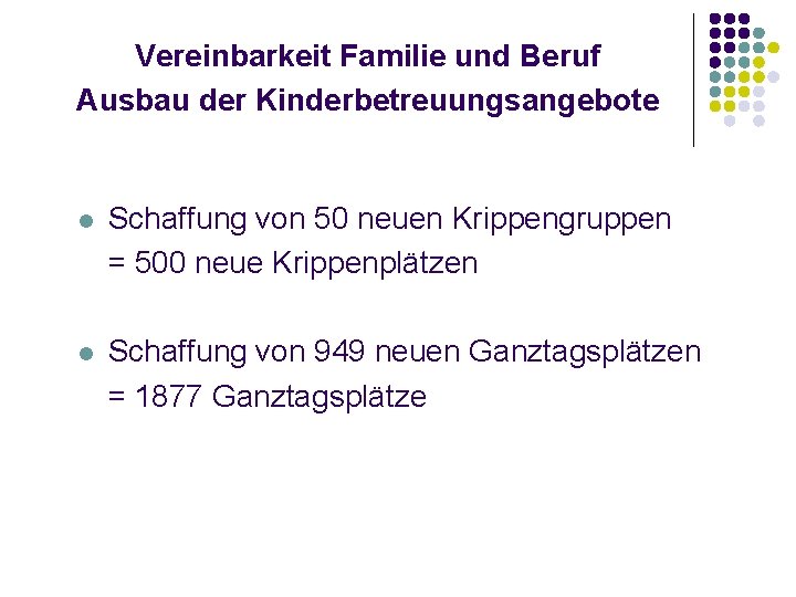 Vereinbarkeit Familie und Beruf Ausbau der Kinderbetreuungsangebote l Schaffung von 50 neuen Krippengruppen =