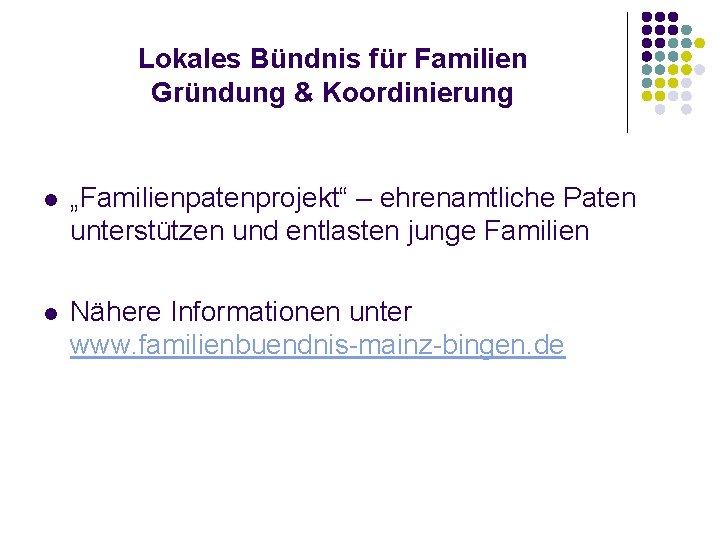 Lokales Bündnis für Familien Gründung & Koordinierung l „Familienpatenprojekt“ – ehrenamtliche Paten unterstützen und