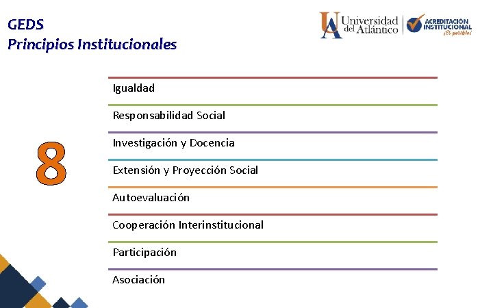 GEDS Principios Institucionales Igualdad 8 Responsabilidad Social Investigación y Docencia Extensión y Proyección Social