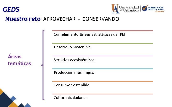 GEDS Nuestro reto APROVECHAR - CONSERVANDO Cumplimiento Líneas Estratégicas del PEI Desarrollo Sostenible. Áreas