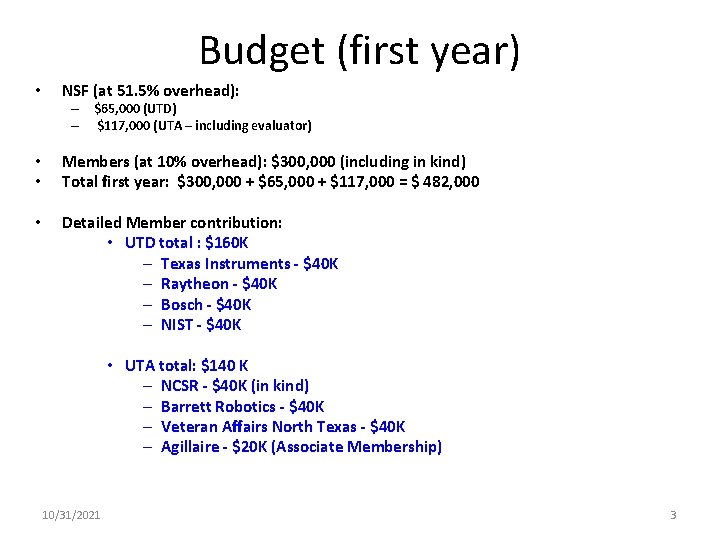 Budget (first year) • NSF (at 51. 5% overhead): – $65, 000 (UTD) –