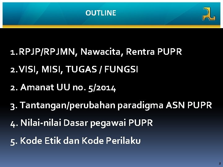 OUTLINE 1. RPJP/RPJMN, Nawacita, Rentra PUPR 2. VISI, MISI, TUGAS / FUNGSI 2. Amanat