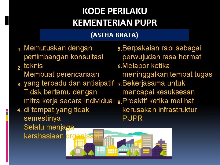 KODE PERILAKU KEMENTERIAN PUPR (ASTHA BRATA) 1. Memutuskan dengan pertimbangan konsultasi 2. teknis Membuat