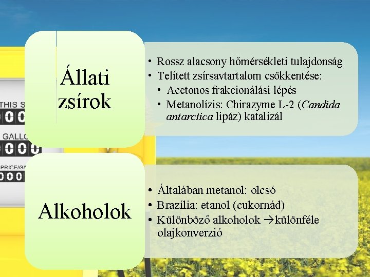 Állati zsírok Alkoholok • Rossz alacsony hőmérsékleti tulajdonság • Telített zsírsavtartalom csökkentése: • Acetonos