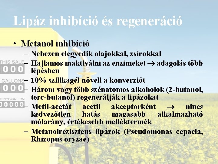 Lipáz inhibíció és regeneráció • Metanol inhibíció – Nehezen elegyedik olajokkal, zsírokkal – Hajlamos