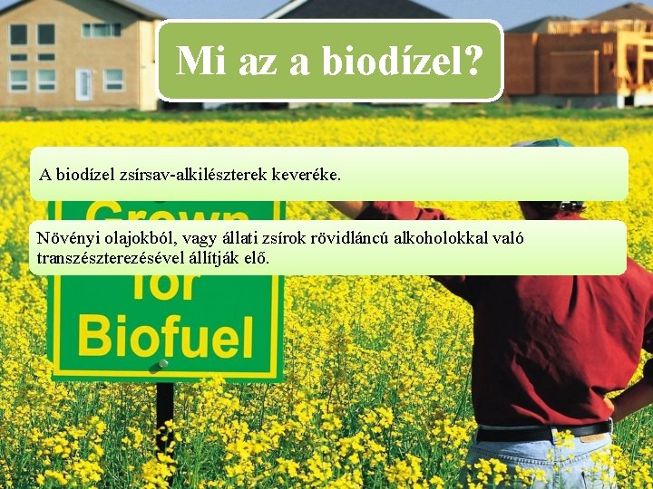 Mi az a biodízel? A biodízel zsírsav-alkilészterek keveréke. Növényi olajokból, vagy állati zsírok rövidláncú