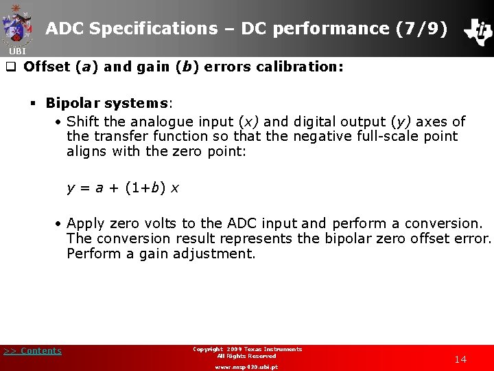 ADC Specifications – DC performance (7/9) UBI q Offset (a) and gain (b) errors