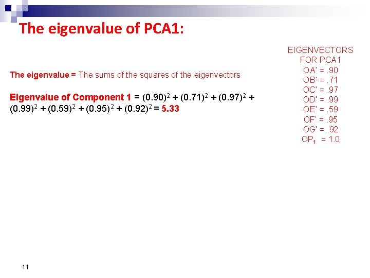 The eigenvalue of PCA 1: The eigenvalue = The sums of the squares of