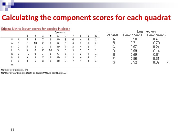 Calculating the component scores for each quadrat Variable A B C D E F