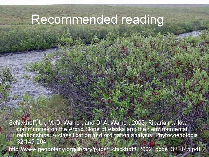 Recommended reading Schickhoff, U. , M. D. Walker, and D. A. Walker. 2002. Riparian