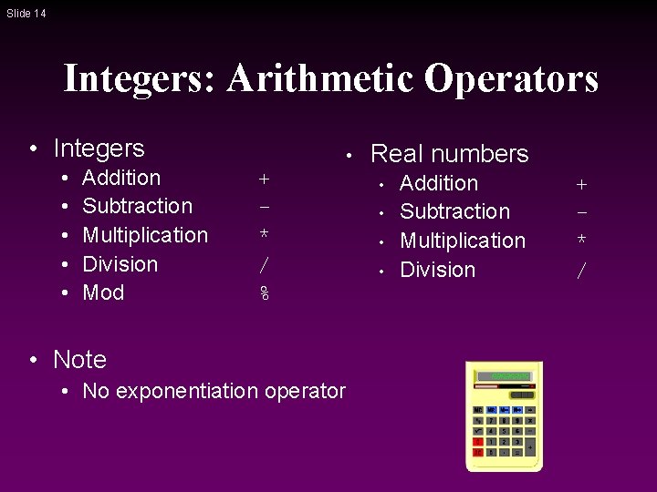 Slide 14 Integers: Arithmetic Operators • Integers • • • Addition Subtraction Multiplication Division Slide 14 Integers: Arithmetic Operators • Integers • • • Addition Subtraction Multiplication Division