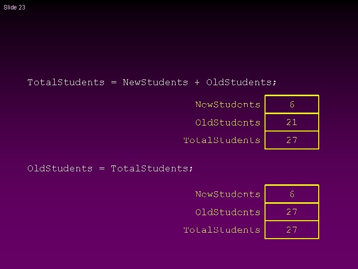 Slide 23 Total. Students = New. Students + Old. Students; Old. Students = Total. Slide 23 Total. Students = New. Students + Old. Students; Old. Students = Total.