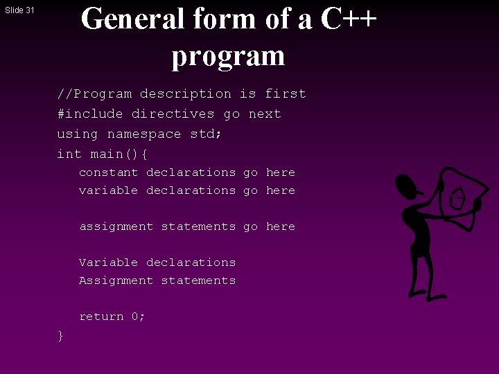 General form of a C++ program Slide 31 //Program description is first #include directives General form of a C++ program Slide 31 //Program description is first #include directives