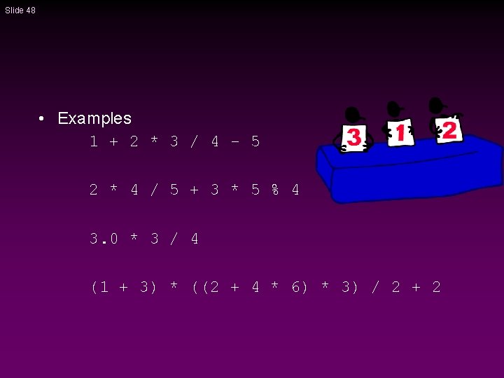 Slide 48 • Examples 1 + 2 * 3 / 4 - 5 2 Slide 48 • Examples 1 + 2 * 3 / 4 - 5 2