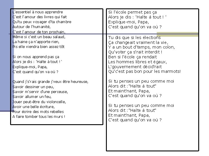 L'essentiel à nous apprendre C'est l'amour des livres qui fait Qu'tu peux voyager d'ta