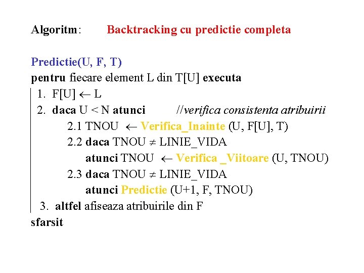 Algoritm: Backtracking cu predictie completa Predictie(U, F, T) pentru fiecare element L din T[U]