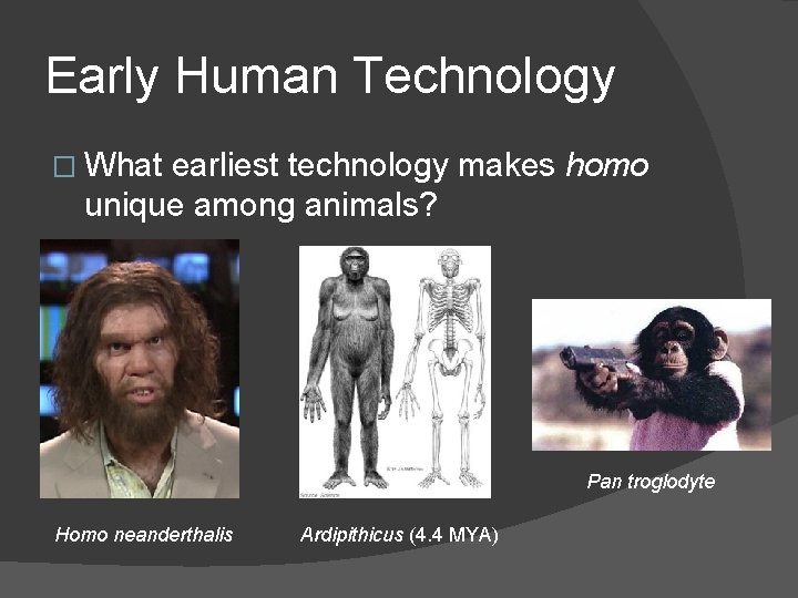 Early Human Technology � What earliest technology makes homo unique among animals? Pan troglodyte