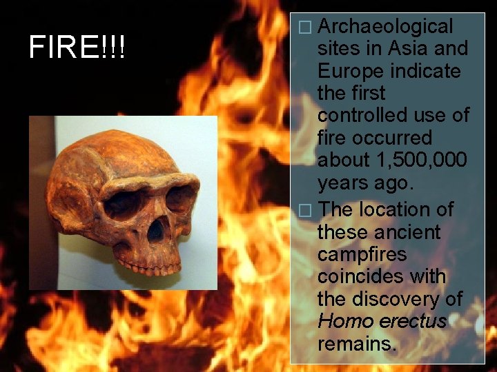 FIRE!!! � Archaeological sites in Asia and Europe indicate the first controlled use of