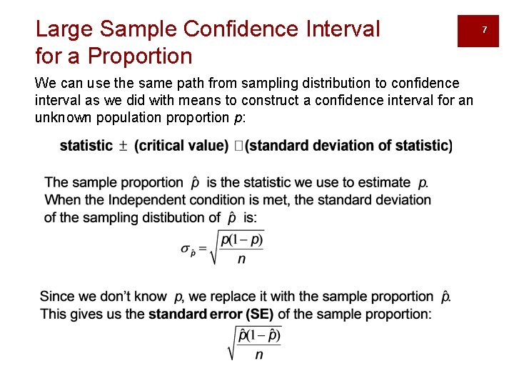 Large Sample Confidence Interval for a Proportion We can use the same path from