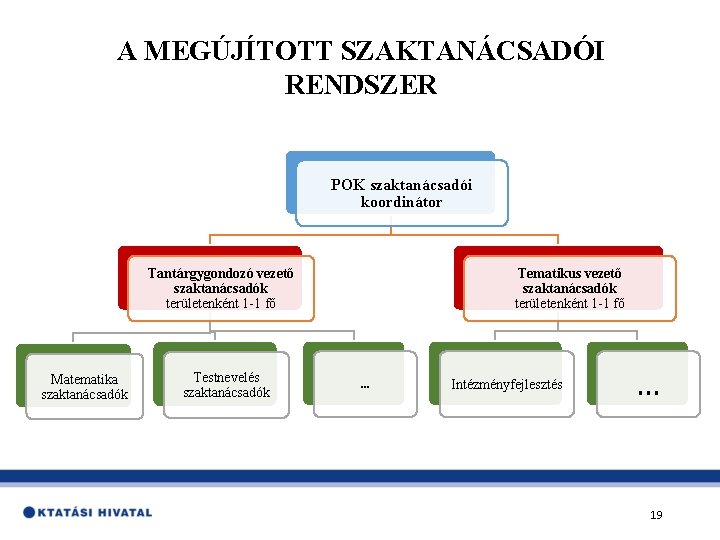 A MEGÚJÍTOTT SZAKTANÁCSADÓI RENDSZER felépítése és kapcsolatrendszere POK szaktanácsadói koordinátor Tantárgygondozó vezető szaktanácsadók területenként